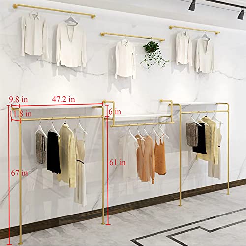 Modern Simple Industrial Pipe and Wood Garment Rack,Wall Mounted Hanging Rods Clothing Rack,Retail Display Storage Clothes Hanging Shelves(Gold, 47.2" L) - size: 47.2" L