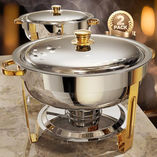 Chafing Dishes for Buffet 2 Pack, 6QT [Worry-Free Assemble] Round Chafing Dish Buffet Set [Elegant Gold and Silver Colors] Stainless Steel Chafers and Buffet Warmers Sets for Parties with Complete Set - color: Gold, size: 2 PACK