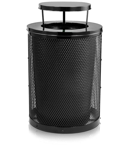 Alpine Outdoor Trash Can 36 Gallon Diamond Steel Commercial Metal Waste Bin with Leak Proof Liner, Heavy Duty Steel Mesh Design, Rain Bonnet Lid & Flat Lid for Parks, Streets, and Public Spaces-Black - style: Rain Bonnet Lid & Flat Lid
