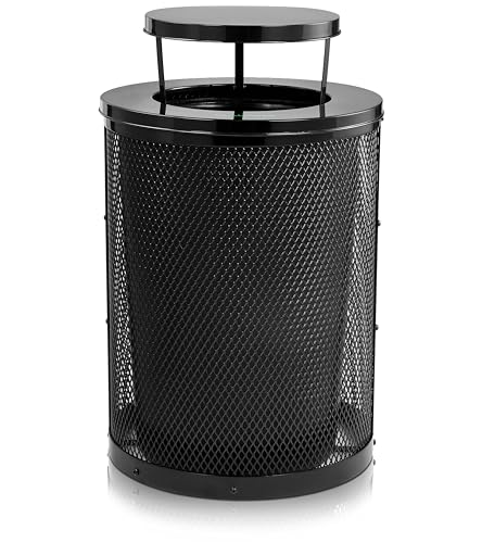 Alpine Outdoor Trash Can 36 Gallon Diamond Steel Commercial Metal Waste Bin with Leak Proof Liner, Heavy Duty Steel Mesh Design, Rain Bonnet Lid & Flat Lid for Parks, Streets, and Public Spaces-Black - style: Rain Bonnet Lid & Flat Lid