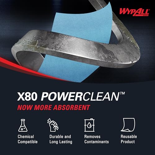 WypAll PowerClean X80 Heavy Duty Cloths, Brag Box, 152 Towels, Blue (41041)