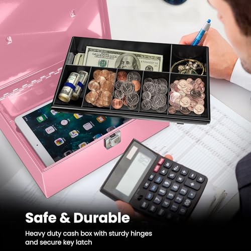 Flexzion Cash Box with Money Tray and Lock - Metal Money Box for Cash Storage with Secure Latch Lock & Key - Pink Petty Cash Box with 7 Compartment Money Tray for Small Businesses, 11x7.7x3.5 Inches - color: Pink