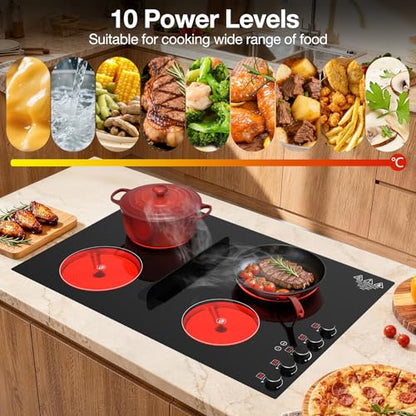 30" Electric Cooktop with Downdraft – 4 Burner 6000W Built-in Electric Stove, BBQ Bridge Burner, Timer, Safety Lock, Recirculating Vent (220V-240V) - color: Black 4 Burner Electric Cooktop