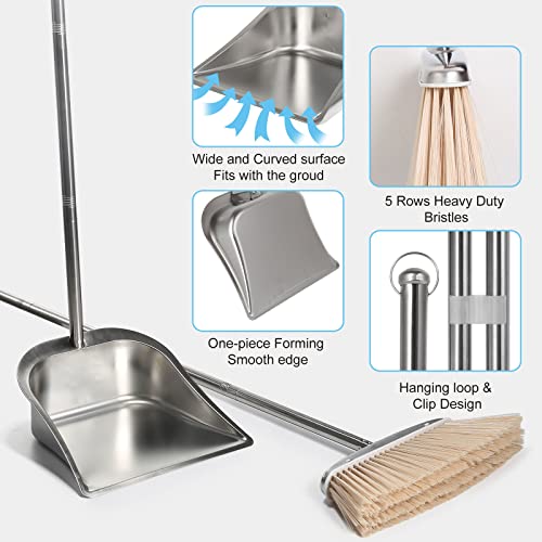 Broom and Dustpan Set for Home, Stainless Steel Broom and Dustpan Set with Long Handle, Heavy Duty Dustpan Broom Set Standing Dust Pan Kitchen and Home Indoor Outdoor Broom - color: Silver Broom and Dustpan Set