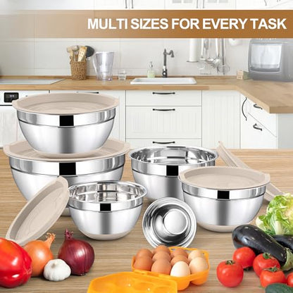 LIANYU 6 Piece Mixing Bowls Set with Airtight Lids, Metal Nesting Bowl - color: Khaki, style: Anchor Base with Airtight Lids