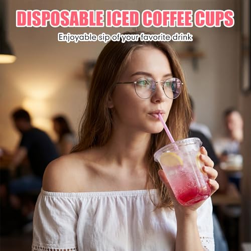 Ziliny 50 Pack 14 oz Plastic Cups with Lids Straws Iced Coffee, Pink - color: Pink, size: 14 oz