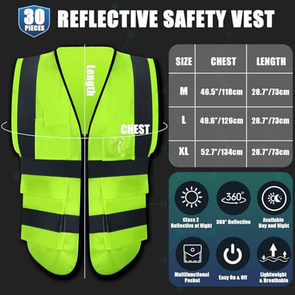 Leumoi 30 Pack Reflective Safety Vest with Pockets - color: Fluorescent Green, size: X-Large