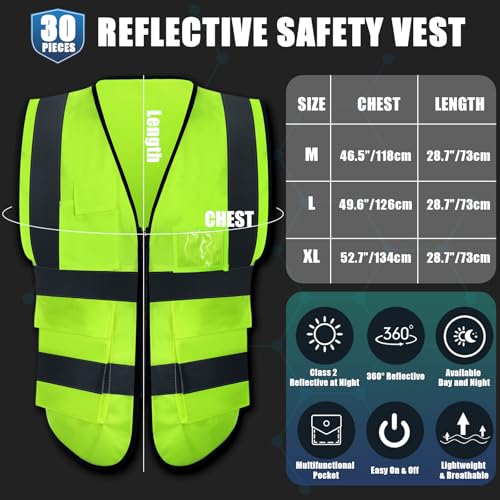 Leumoi 30 Pack Reflective Safety Vest with Pockets - color: Fluorescent Green, size: X-Large