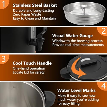 30-Cup 6L Commercial Coffee Urn, Festa Essential 750W Double Wall Large Percolate Coffee Maker Stainless Steel Hot Water Urn Dispenser with Double Dripless Faucet, Quick-Brewing for Catering, Black - size: 6L-30Cups