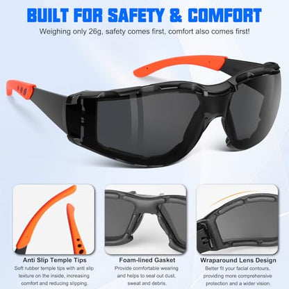 OXG Safety Glasses for Men, ANSI Z87.1 Anti-Fog Impact Resistant Protective Eyewear, Foam Gasket, UV Protection - color: 3-black-orange