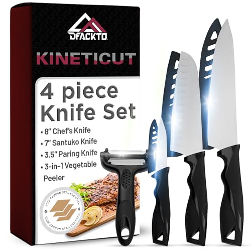 DFACKTO 4-Piece Kitchen Knife Set with Vegetable Peeler without Block – Stainless Steel Knives for Kitchen, Dishwasher Safe Cooking Knife Set with Covers, Sharp Cutting Knives for Cooking – Black - color: Black