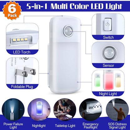 Enhon Emergency Power Failure 5-in-1 Multi Color LED Night Lights, 6 Pack