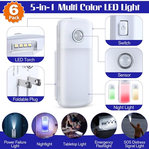 Enhon Emergency Power Failure 5-in-1 Multi Color LED Night Lights, 6 Pack
