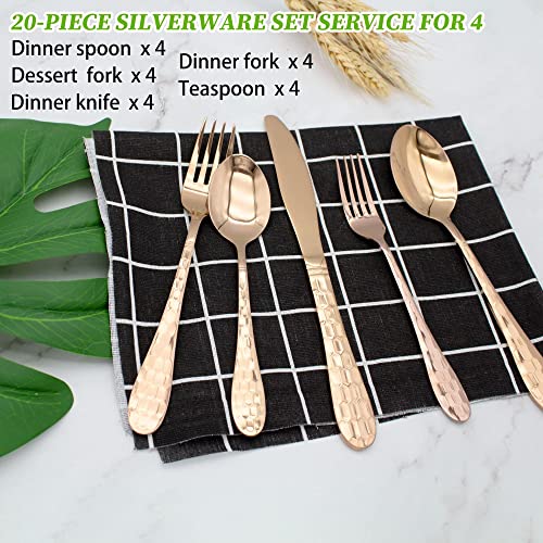 Hammered Silverware Set 20-Piece, 18/10 Stainless Steel Flatware Cutlery Silverware Set Service for 4, Unique Design Knife Fork Spoon Silverware Set, Mirror Polished,Dishwasher Safe (Rose Gold) - color: Rose Gold
