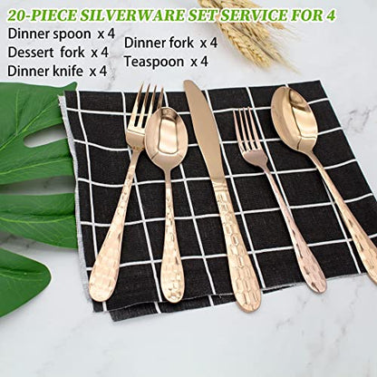 Hammered Silverware Set 20-Piece, 18/10 Stainless Steel Flatware Cutlery Silverware Set Service for 4, Unique Design Knife Fork Spoon Silverware Set, Mirror Polished,Dishwasher Safe (Rose Gold) - color: Rose Gold