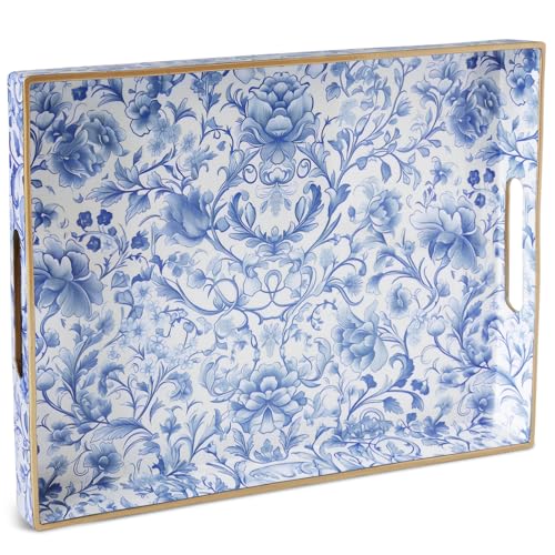 Serving Tray with Handles, Rectangular Plastic Tray 15.75x11.81 Inch, Blue and White Peony Chinese Porcelain Style Decorative Tray for Kitchen, Dining Table, Vanity, Office & Home - color: Blue and White Peony 1 Pc
