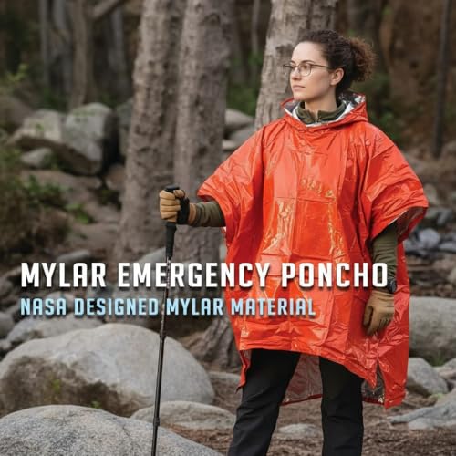 Emergency Mylar Poncho with Hood – Lightweight & Compact Survival Rain Poncho, Reusable Thermal Emergency Blanket for Hiking, Camping, Car Kit, Outdoor Gear (4 Pack)