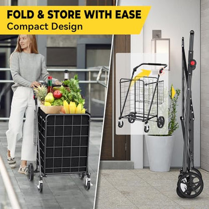 XINGLANG Heavy Duty Folding Shopping Cart – 4.5 Cu Ft, 420 lbs Capacity, Double Basket & Removable Waterproof Liner, 360° Swivel Wheels with Brakes, Adjustable & Rotating Handle for Laundry & Grocery - size: Jumbo