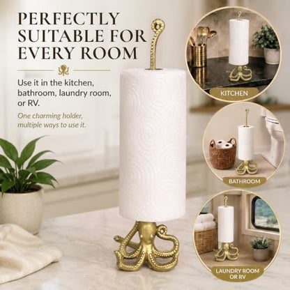 WallCharmers Gold Octopus Paper Towel Holder & Metal Toilet Paper Stand - color: Gold Octopus