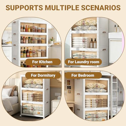 5‑Pack Foldable Stackable Storage Boxes, 217.75 QT Organizer Container with Magnetic Doors & Wheels for Home, Garage, Office (19.68" W x 11.81" D x 55.12" H) - size: 5PACK-19.68"W11.81"D55.12"H