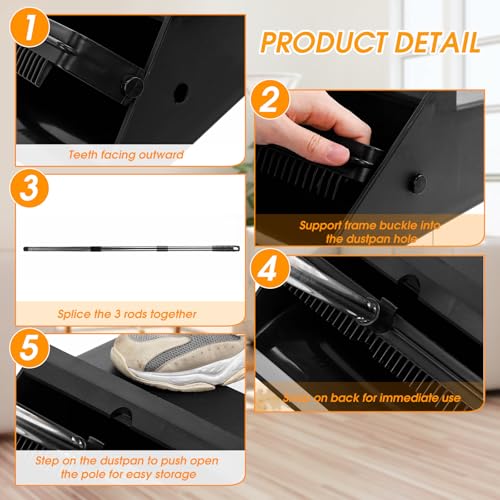 Leumoi 4 Pcs Dust Pans with Long Handle with Comb Stand up Dustpan, Black