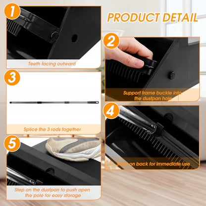 Leumoi 4 Pcs Dust Pans with Long Handle with Comb Stand up Dustpan, Black