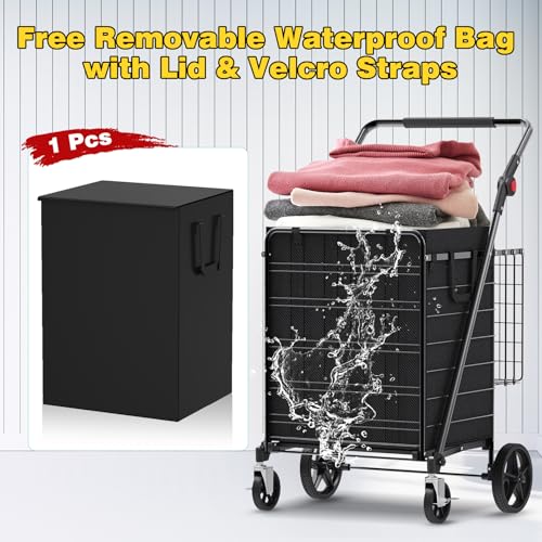 XINGLANG Heavy Duty Folding Shopping Cart – 5.0 Cu Ft, 480 lbs Capacity, Double Basket & Removable Waterproof Liner, 360° Swivel Wheels with Brakes, Adjustable & Rotating Handle for Laundry & Grocery - size: Extra Large