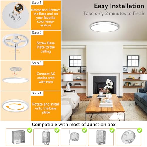 WKONCLDY 5CCT 3000k/3500K/4000K/5000k/6000k Selectable, Led Flush Mount Ceiling Light, 15.8 Inch 4800LM Round Modern Flat Panel,Super Slim for Living Dining Kitchen Bedroom Room - color: White, size: 16in-1Pack