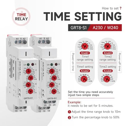 GRT8-S1 Asymmetric Cycle Timer Relay 1SPDT 16A AC/DC 12-240V Din Rail - size: GRT8-S1 AC/DC 12V-240V