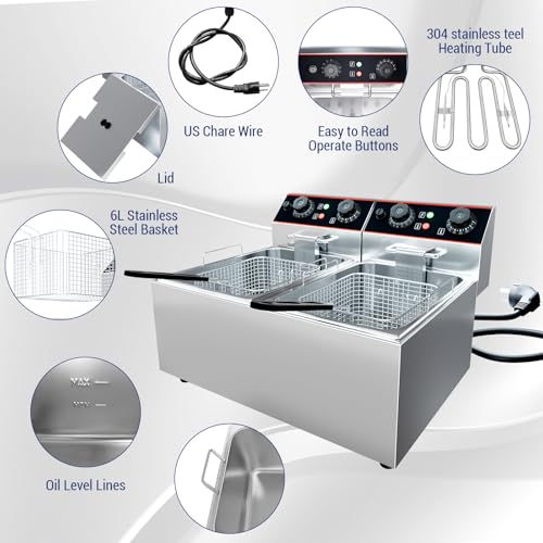 Commercial Deep Fryer with Basket, 12L Electricity Countertop Fryer Stainless Steel, 1800W Professional Food Fryer with Thermostat for Restaurant & Home, Large Capacity 12.7QT Oil Fryer, 120V - size: 8L double cylinder double screen