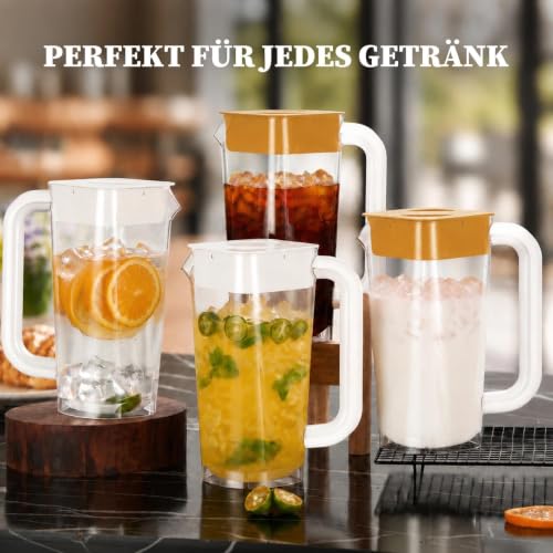 CURTA 4 Pack 2L/68 oz Plastic Pitcher with Lid & Handle, Large Capacity Water Jug with Measurement Marks, Clear Fridge Pitcher for Iced Tea, Juice, Lemonade & Cold Beverages - color: White-brown-4pack