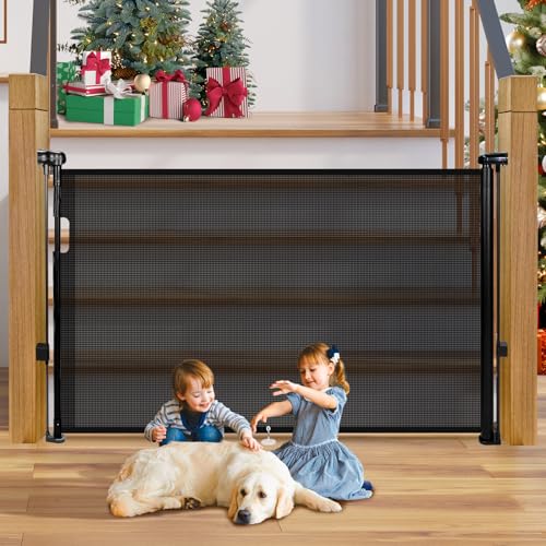 Retractable Baby Gates Dog Gate for Stairs, 55" Wide Mesh Baby Gate Pet Gate for The House, 34" Tall Child Safety Gates for Doorways, Hallways, Deck, Porch, Indoor, Outdoor - color: Black, size: 34" Tall x 55" Wide