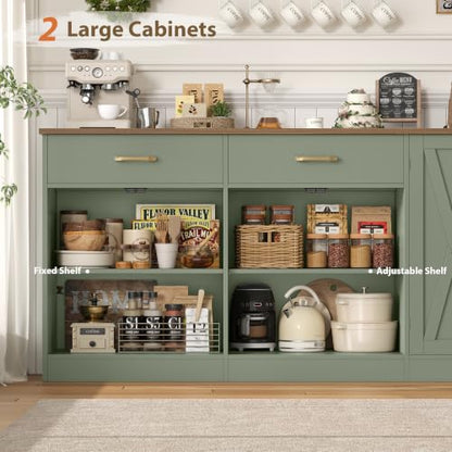 HOSTACK 71" W Kitchen Buffet Cabinet with Storage, Large Coffee Bar Cabinet - color: Sage Green