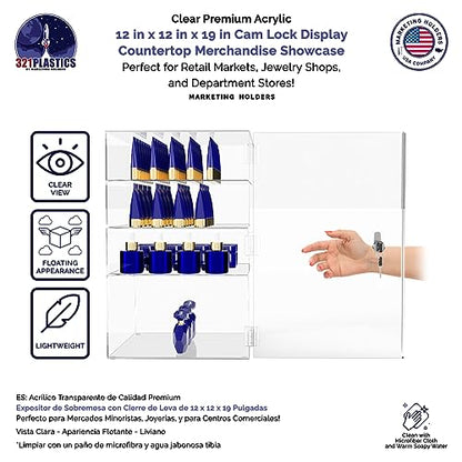 Marketing Holders Acrylic Locking Vertical Cabinet with Keys 12" x 12" x 19" Clear Countertop Lucite Hinged Swing Door Locker for Retail Products and Convenience Stores Merchandise - size: 12"W x 12"D x 19"H