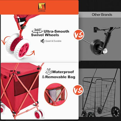 Wellmax Folding Shopping Cart with Canvas Bag & Cover, Holds 120 lb, Red - color: Red