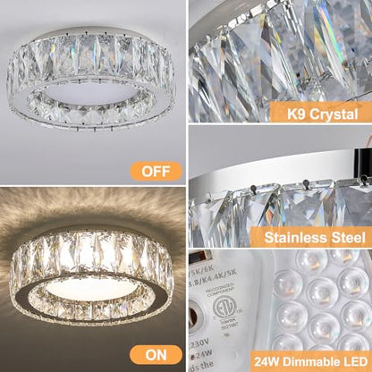 11 Inch Dimmable Luxury Crystal LED Flush Mount Ceiling Light - color: Chrome, size: 11 Inch