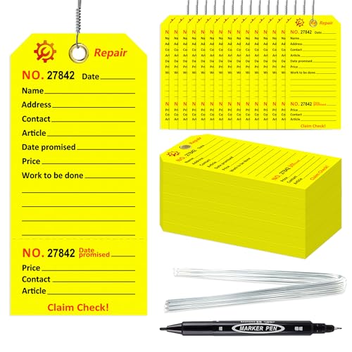 500 Pcs Repair Tags with Hole and Wire Maintenance Service Tags 2.6 x 5.25 Inch Numbered for Machinery & Office Service Tickets Equipment Maintenance Price Notice with Stub Yellow (500)