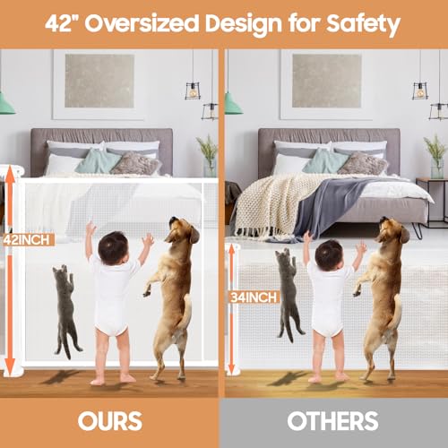 Retractable Baby Gates - 200" Extra Wide Retractable Dog Gate, 42" Extra Tall Mesh Gate Pet Gate with Support Rods, Long Child Safety Gate for Stairs Doorways Indoor Outdoor Large Openings - White - color: White, size: 42" Tall x 200" Wide