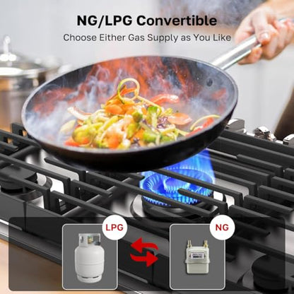 ThermoMate Heavy 36 Inch Gas Cooktop with 5 Italy Sabaf Power Burners, Built In Stove Top of 304 Stainless Steel, Gas Hob NG/LPG Convertible, Cooker with Thermocouple Protection CSA Certified - size: 36 inch 5 burners