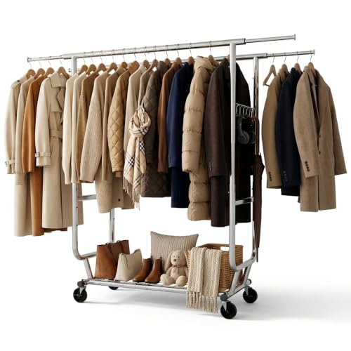 Clothes Rack, Heavy Duty Garment Rack Load 660 LBS, Rolling Clothes Rack for Hanging Clothes, Height Adjustable& Scalable& Foldable, for home or commercial, 75"x 22"x 68", Silver - color: 2 Rods& Silver