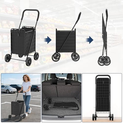 Whitmor Foldable Utility Shopping Cart with Wheels, 60Lb Capacity, Heavy Duty Grocery Cart with Steel Frame, Foam Handle, Rolling Utility Cart for Grocery, Laundry, Travel, Black/w Liner - size: 18.5"L x 18.5"W x 35"H，Black w/Liner