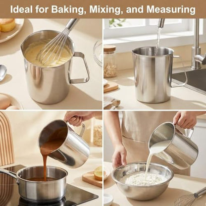 QWORK 304 Stainless Steel Measuring Cup 64 OZ with OZ/ML Graduations, 8 Cup Kitchen Mixing Pitcher, Precision Engraved Markings, Container for Baking and Frothing, 2 Liter