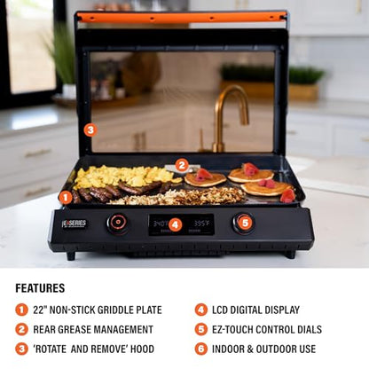 Blackstone 22-Inch Electric Griddle - 1600W Non Stick Ceramic Titanium Coated Stainless Steel Tabletop Griddle with EZ-Touch Control Dial, LCD Display, Patented Rotate & Remove Glass Hood - 8001
