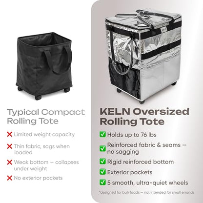 KELN Rolling Tote Bag on Wheels – 76 lb Foldable Shopping Cart – Silver - color: Silver