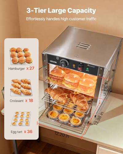 VEVOR 3-Tier Commercial Food Warmer Display, 800W Food Display Warmer with LED Light, Adjustable Shelf and Stainless Steel Frame, 86℉~185℉ Air Heating, 34L for Hamburger, Pizza, Bread, Fried Chicken - size: 3-Tier-36Qt