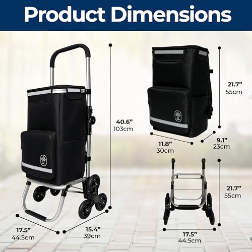 Foldable Stair Climbing Shopping Cart with Wheels – 3-in-1 Grocery Trolley, Backpack & Hand Truck – Lightweight Aluminum Frame, Waterproof Insulated Bag, Side Pockets – Cart for Groceries & Laundry
