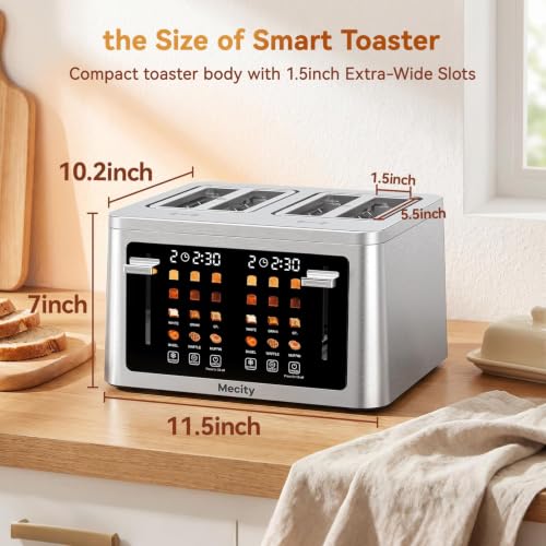 Mecity 4 Slice Touchscreen Toaster, 6 Bread Modes & 6 Browning Levels, Dual Touch Control Wide Slot Stainless Steel Electric Toaster with Memory, Defrost, 3-Min Auto Shutoff for White, Bagels, Waffles - color: 4 Slot-Brushed stainless steel