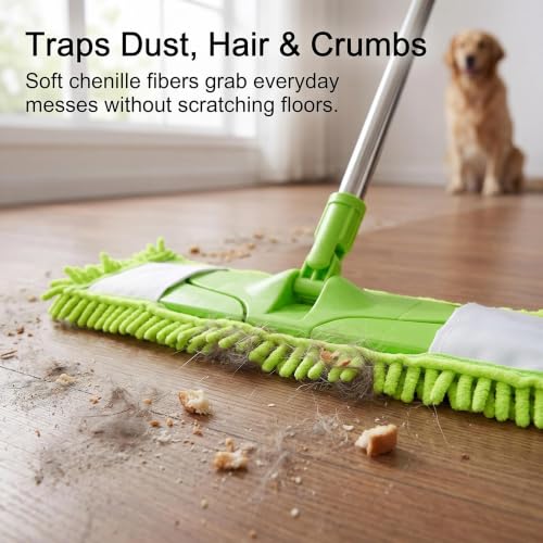 Dust Mop for Hardwood Floors,Wet Dry Flat Mop，2 Pads,Long Handle,Green - color: Green