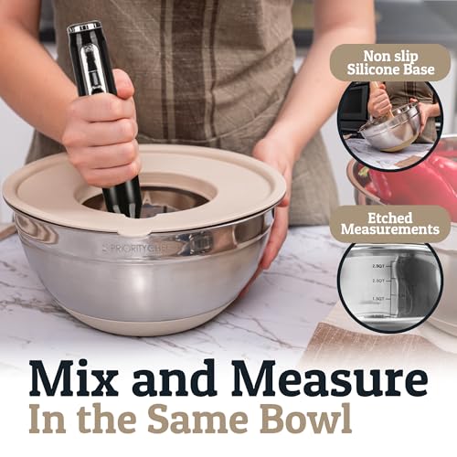 Priority Chef 6Pc Stainless Steel Mixing Bowls with Lids Set, Huge 7 Qrt Size Metal Bowl Set for Kitchen, 3 Graters, Non-Slip Bases & Silicone Utensils Set, Khaki - color: Khaki