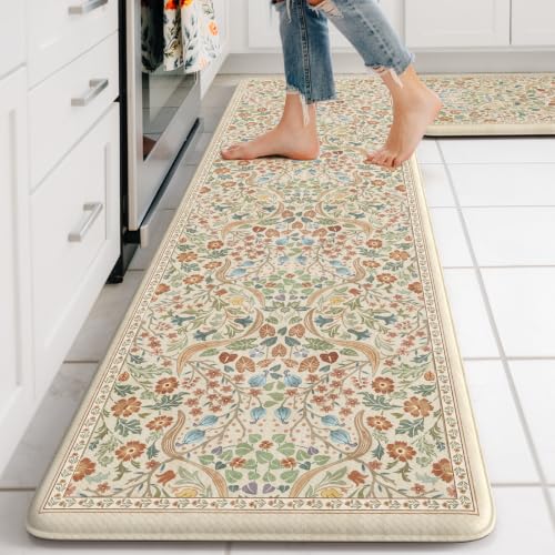Collive Kitchen Mats Cushioned Anti Fatigue, Beige Floral Kitchen Floor Mat - color: Beige, size: 17.3"x59"+17.3"x29"